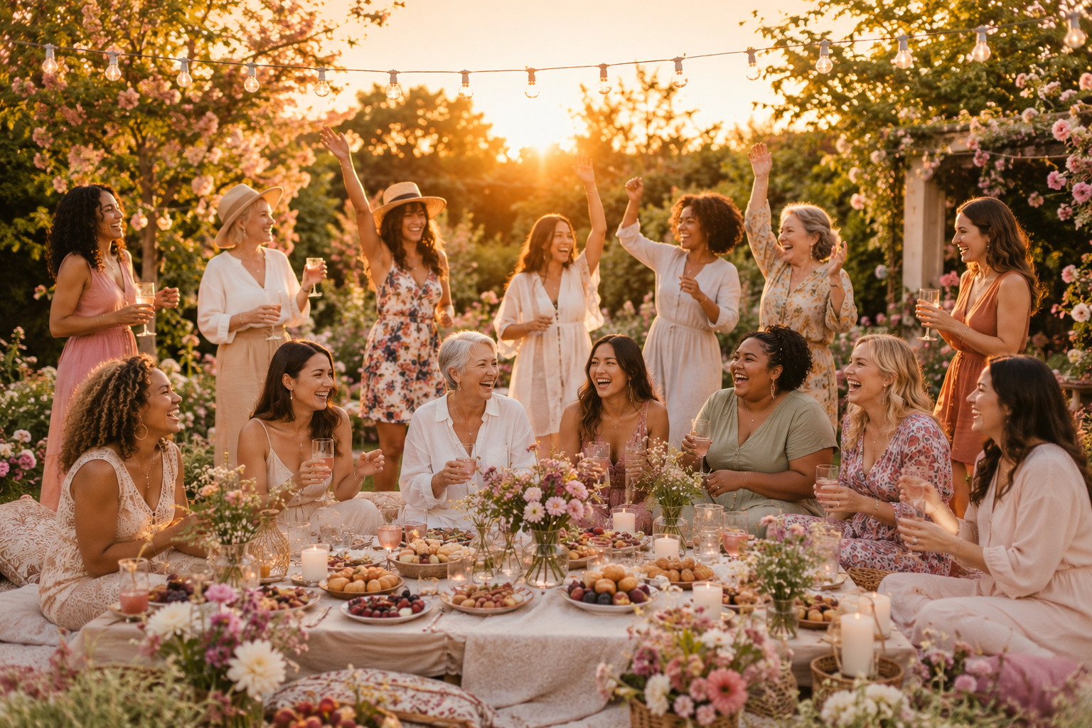 Frauen lachen, tanzen und brunchen gemeinsam in einem sommerlichen Garten im Abendlicht